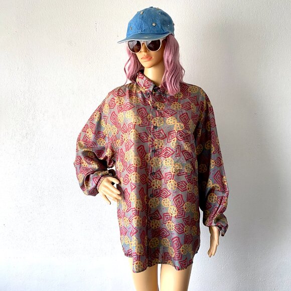 Vintage Silk Button Down Oversized Shirt Streetwear Bohemian Blouse Artsy Top L - Picture 2 of 10